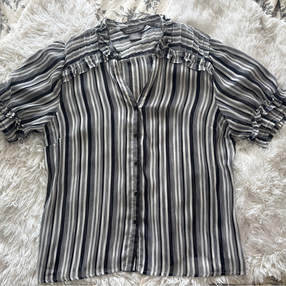George by Mark Eisen Striped Ruffle Sleeve Blouse XL 16/18
